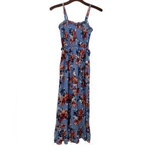 Band of Gypsies Blue Floral Smocked Spaghetti Strap  Maxi Dress With Pockets S